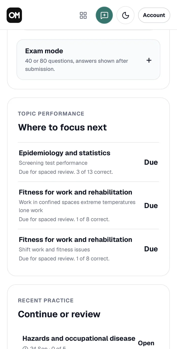 The MCQ app on a phone, listing the topics to focus on next, each due for spaced review with the number answered correctly so far
