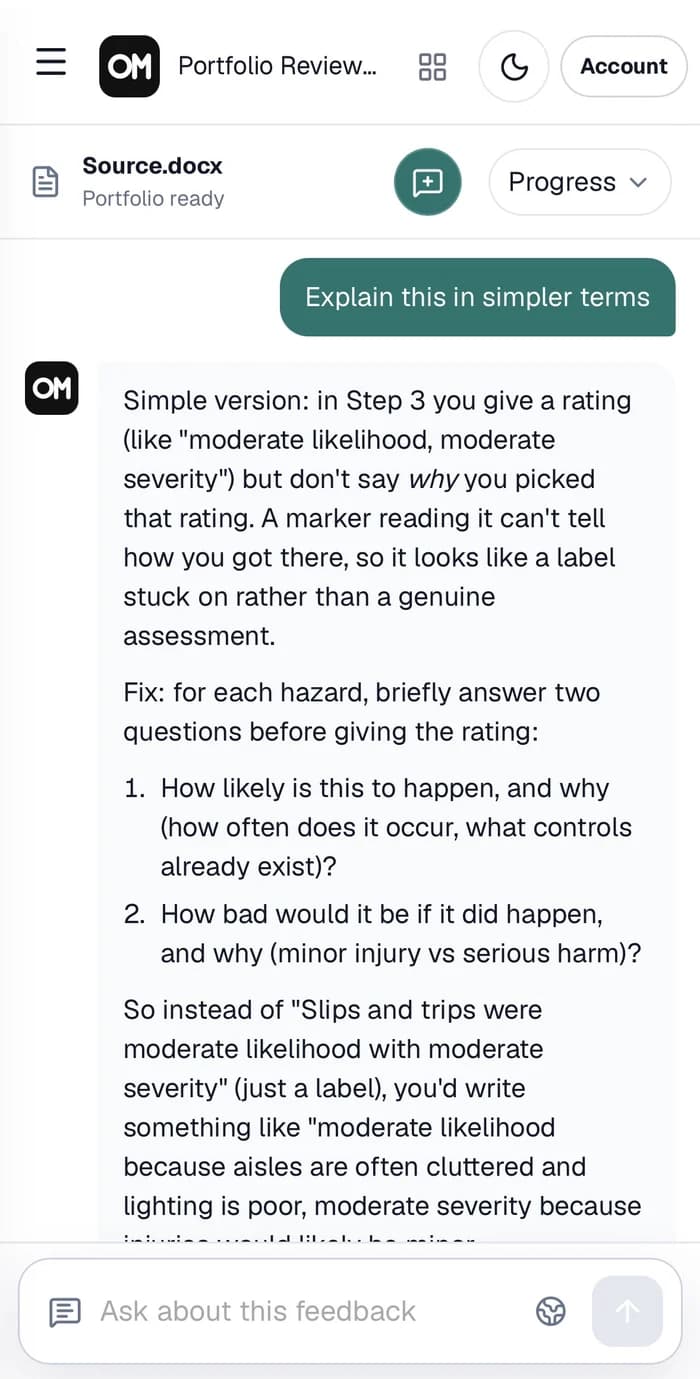 Portfolio Review on a phone: the candidate asks it to explain a point in simpler terms, and it explains why their risk rating needs justifying and shows how to rewrite it